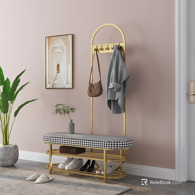 Modern Elegant Shoe Cabinet With Gold Frame Coat Rack And Checkered Cushion Bench 3d model 