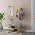 Modern Elegant Shoe Cabinet With Gold Frame Coat Rack And Checkered Cushion Bench