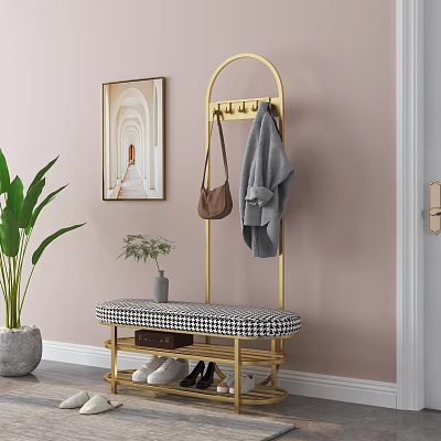Modern Elegant Shoe Cabinet With Gold Frame Coat Rack And Checkered Cushion Bench 3d model