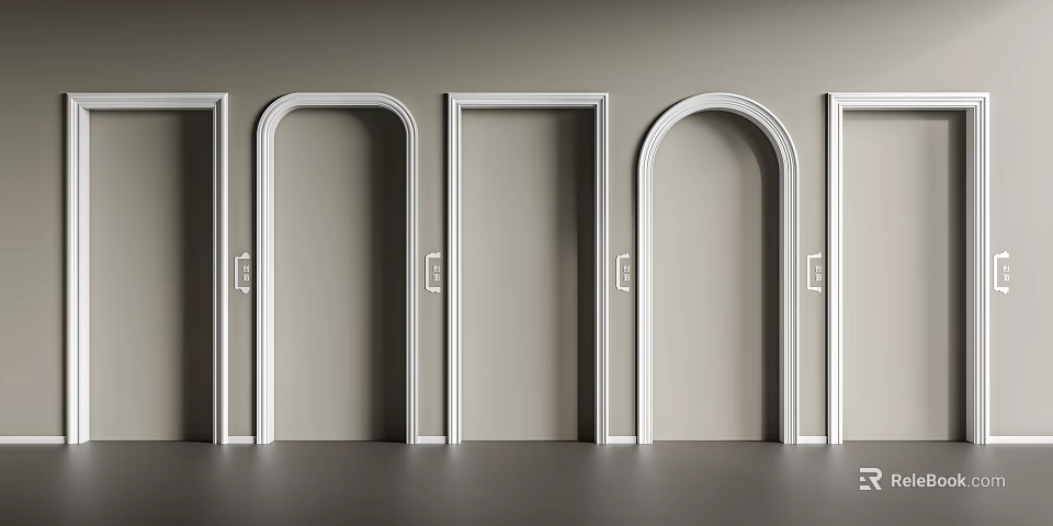 White Rectangular And Arched Door Frames Display On Gray Wall Background 3d model 