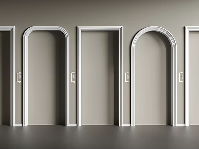 White Rectangular And Arched Door Frames Display On Gray Wall Background 3d model