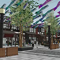 Traditional Style Commercial Street With Colorful Carp Streamers Trees And Outdoor Seating