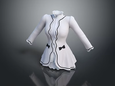 Elegant White Women's Blouse With Stand Collar Black Trim Bow Details And Long Sleeves 3d model