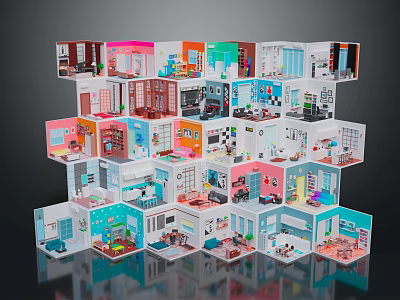 Cartoon Scenes Featuring Stacked Colorful Mini Rooms With Various Interior Designs 3d model