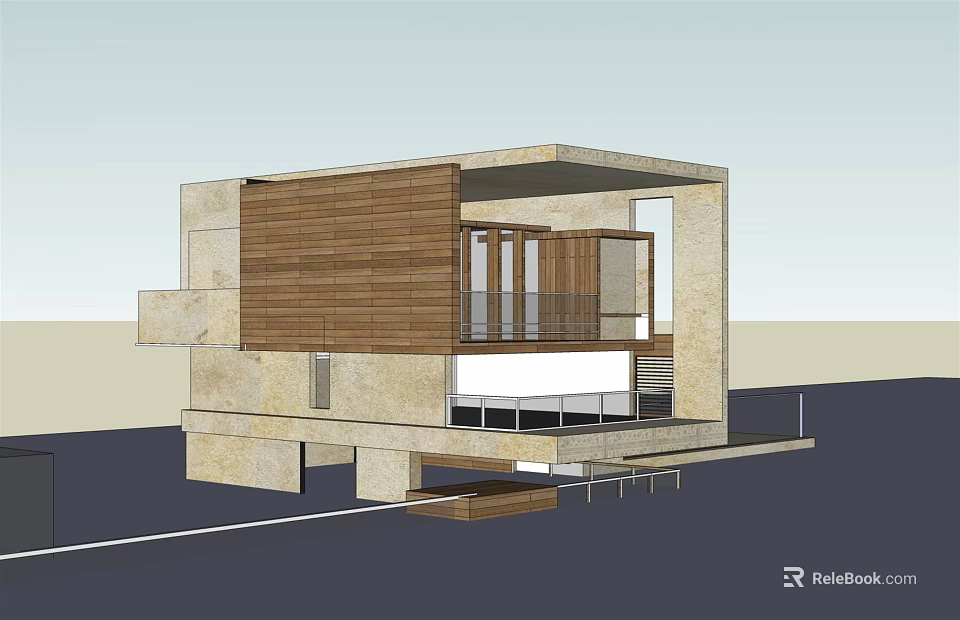Modern Detached House With Wooden Panels Large Glass Windows And Stone Facade 3d model 