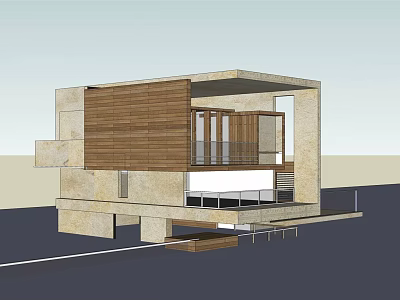 Modern Detached House With Wooden Panels Large Glass Windows And Stone Facade 3d model