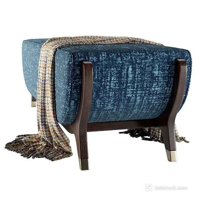 Blue Textured Fabric Single Sofa With Woven Blanket And Dark Wooden Legs 3d model 