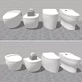 White Toilets With Various Designs On Hexagonal Tile Floor And Stacked Towels