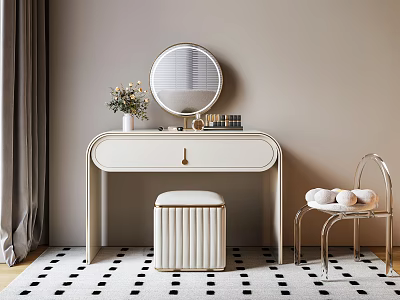 Dressing Table With Round Mirror Cosmetics White Stool On Black And White Polka Dot Rug 3d model