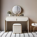 Dressing Table With Round Mirror Cosmetics White Stool On Black And White Polka Dot Rug