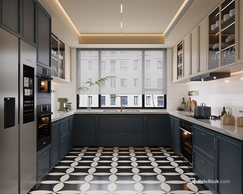 Modern Kitchen Interior With Dark Cabinets Stainless Steel Appliances And Geometric Floor 3d model 