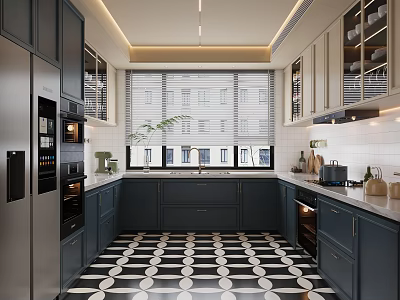 Modern Kitchen Interior With Dark Cabinets Stainless Steel Appliances And Geometric Floor 3d model