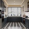 Modern Kitchen Interior With Dark Cabinets Stainless Steel Appliances And Geometric Floor