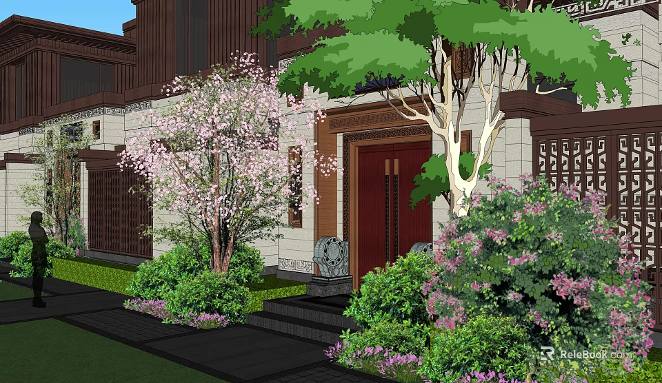Traditional Courtyard Garden With Red Door Blossoming Trees And Lush Green Shrubs 3d model 