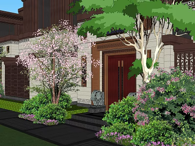 Traditional Courtyard Garden With Red Door Blossoming Trees And Lush Green Shrubs 3d model
