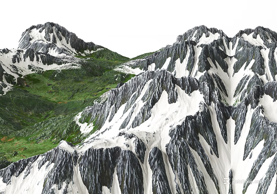 Garden Landscape With Snowy Mountain Peaks And Lush Green Vegetation 3d model 