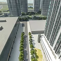 Aerial Planning View of Urban High Rise Buildings With Tree Lined Road And Greenery