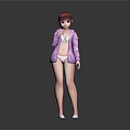 Game Movie Character With Red Hair Pink Coat White Undergarments Standing In Gray Background