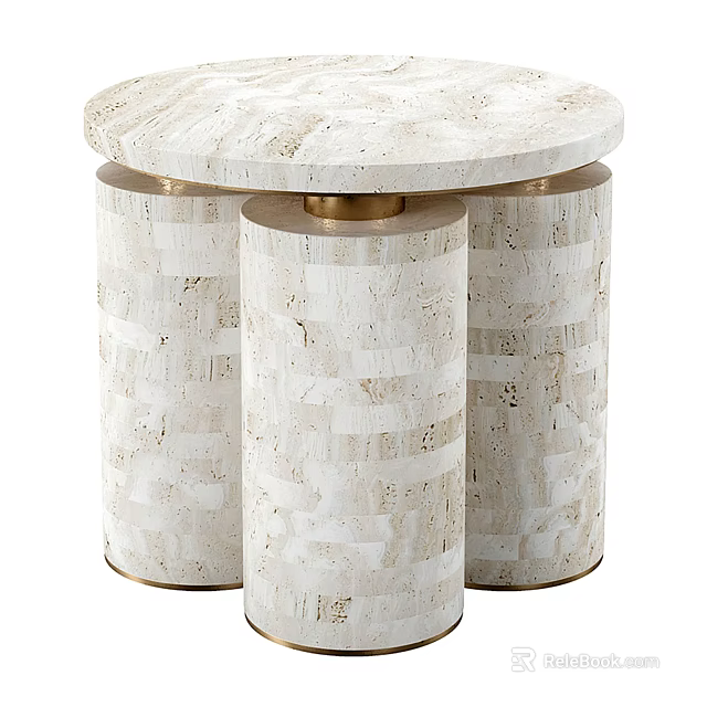 Light Colored Round Coffee Table With Textured Stone Top And Cylindrical Supports 3d model