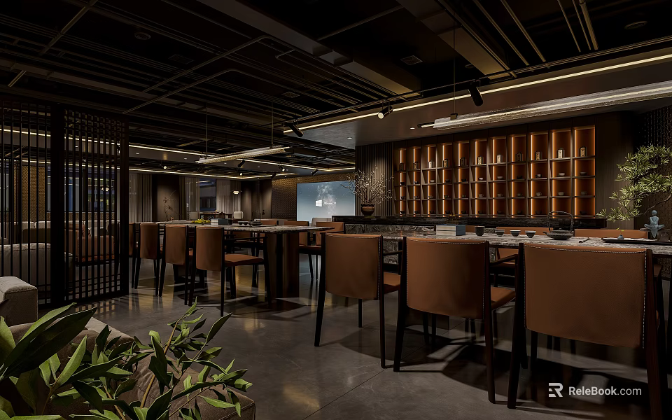 Contemporary Restaurant Interior Design With Wooden Tables Brown Chairs Warm Lights And Decorative Bookshelf Wall 3d model 