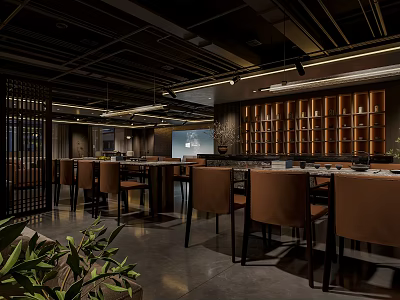 Contemporary Restaurant Interior Design With Wooden Tables Brown Chairs Warm Lights And Decorative Bookshelf Wall 3d model