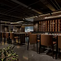 Contemporary Restaurant Interior Design With Wooden Tables Brown Chairs Warm Lights And Decorative Bookshelf Wall