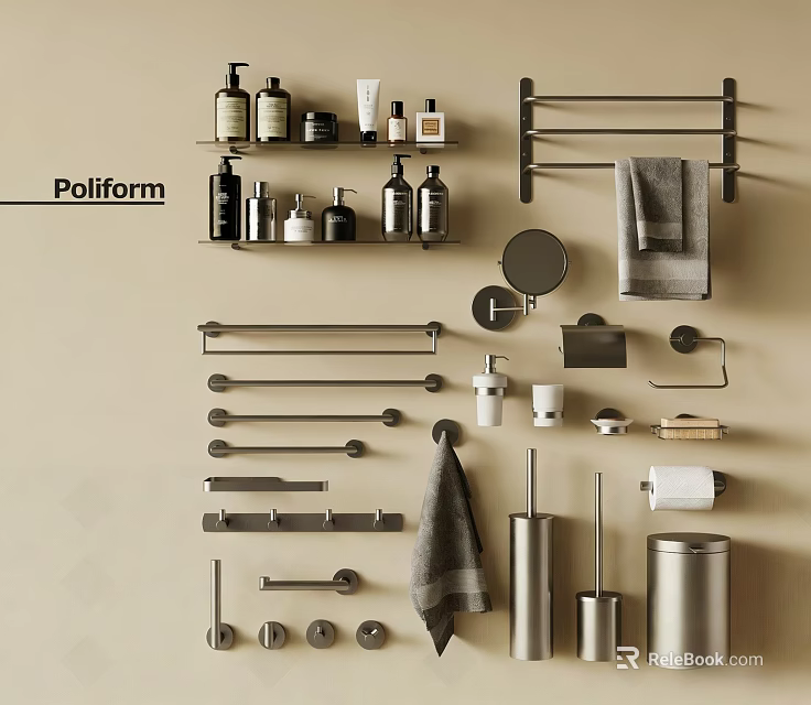 Poliform Modern Bathroom Accessories With Towel Bars Soap Dispensers Mirror Towel Toilet Brush Trash Can 3d model 