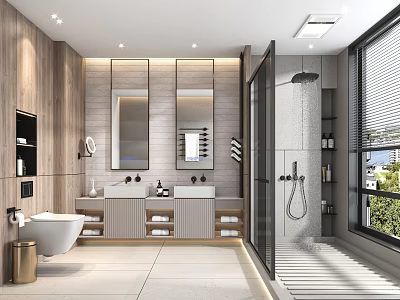 Modern Bathroom Interior With Double Sinks Large Mirrors Shower Enclosure And Wooden Storage 3d model
