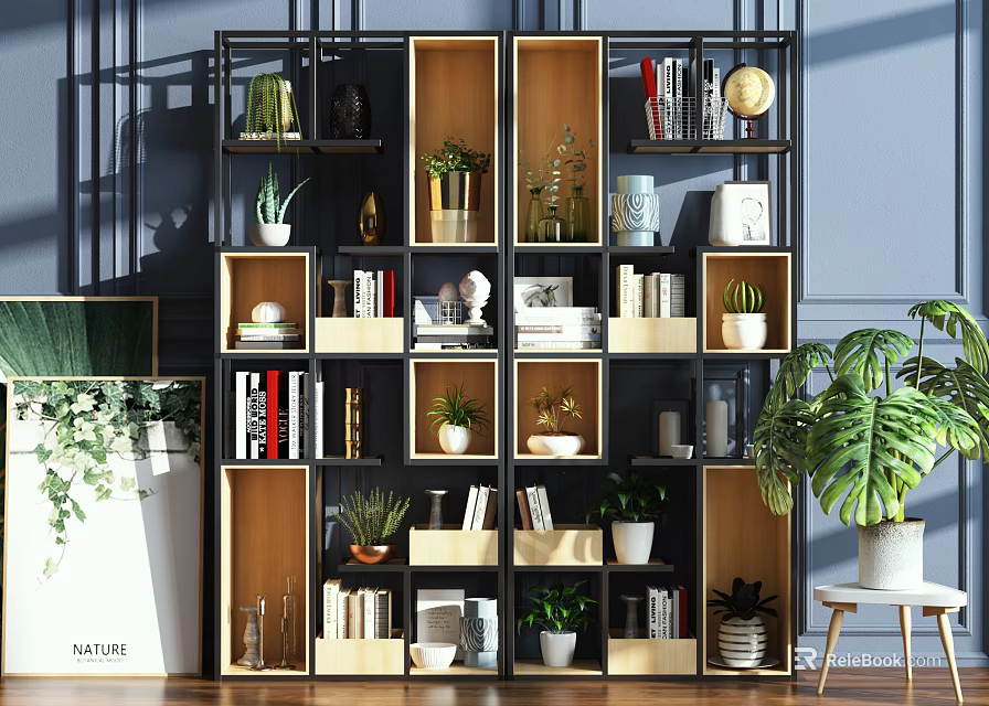 Modern Wooden And Black Frame Bookcase With Books Green Plants And Decorations 3d model 