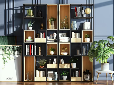 Modern Wooden And Black Frame Bookcase With Books Green Plants And Decorations 3d model