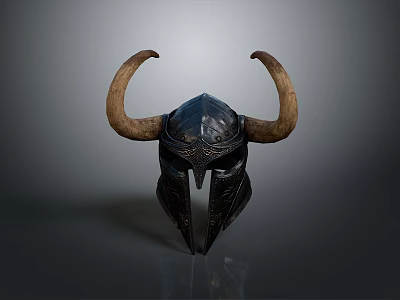 Horned Helmet Sculpture with Intricate Carved Details and Black Metal Finish 3d model