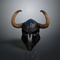 Horned Helmet Sculpture with Intricate Carved Details and Black Metal Finish
