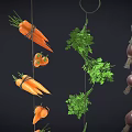 Hanging Fresh Food Ingredients Including Garlic Carrots Onions Herbs And Sausages