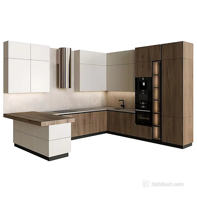 Modern Kitchen Interior Design With Island Counter White Wooden Cabinets And Appliances 3d model 