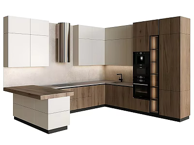 Modern Kitchen Interior Design With Island Counter White Wooden Cabinets And Appliances 3d model