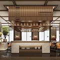 Elegant Modern Restaurant Interior With Wooden Ceiling Counter Pendant Lights And Dining Tables