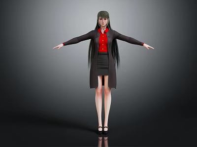 Game Movie Character 3D Model With Green Hair Red Shirt Black Coat And Arms Outstretched 3d model
