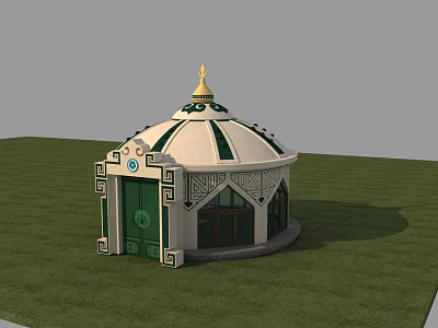 Traditional Yurt With Green White Exterior And Golden Top Decoration On Grassy Field 3d model