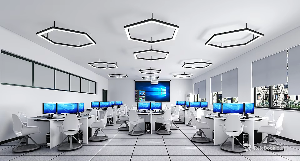 Modern School Computer Lab With White Desks Chairs Hexagonal Ceiling Lights Computers Bright Learning Environment 3d model