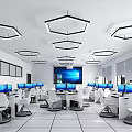Modern School Computer Lab With White Desks Chairs Hexagonal Ceiling Lights Computers Bright Learning Environment 3d model