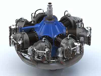 Radial Engine with Blue Central Casing Multiple Metallic Cylinders and Detailed Mechanical Components 3d model