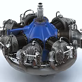 Radial Engine with Blue Central Casing Multiple Metallic Cylinders and Detailed Mechanical Components 3d model