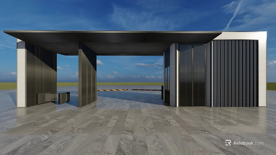 Modern Entrance Gate With Sleek Metal Structure Glass Panels And Spacious Floor Design 3d model 