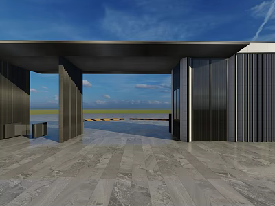 Modern Entrance Gate With Sleek Metal Structure Glass Panels And Spacious Floor Design 3d model