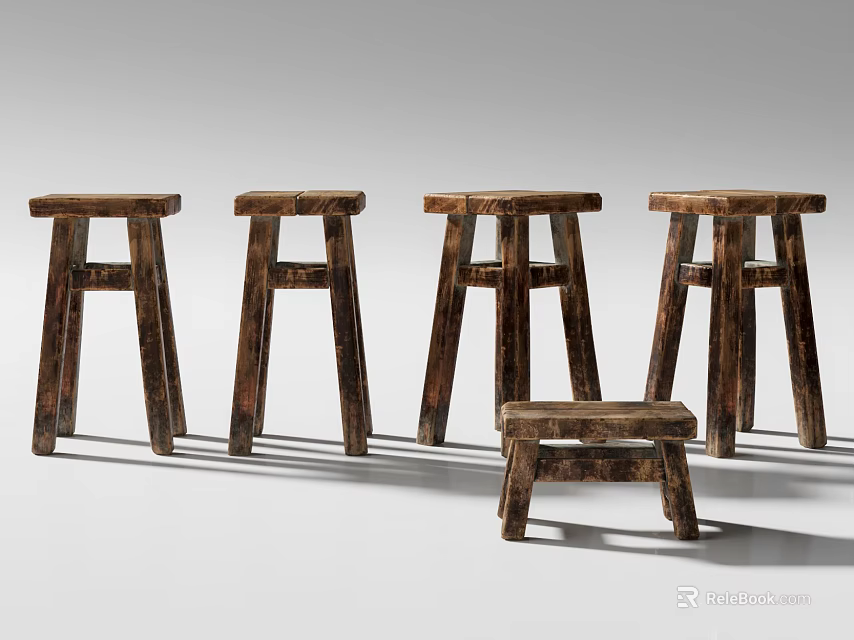 Rustic Wooden Stools Featuring Four Tall And One Short Natural Wood Design 3d model 