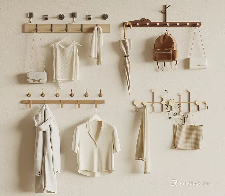 Wall Mounted Hooks Organize Clothes Bags And Umbrellas 3d model 