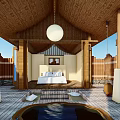 Traditional Wooden Guesthouse with Sloped Tile Roof Fence and Stone Paved Courtyard on Green Lawn