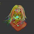 Woman with Long Black Hair and Diamond Forehead Detail 3D Model Portrait on Gray Background