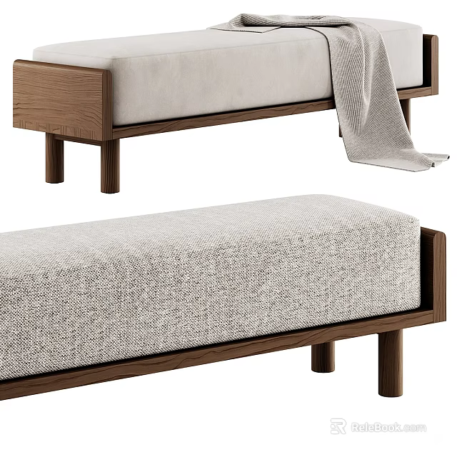 Stylish Sofa Bench With Wooden Frame And Light Gray Fabric Cushion 3d model 