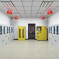 Interior Featuring Yellow Lockers Blue Signs Red Lanterns And Self Service Machine Arranged